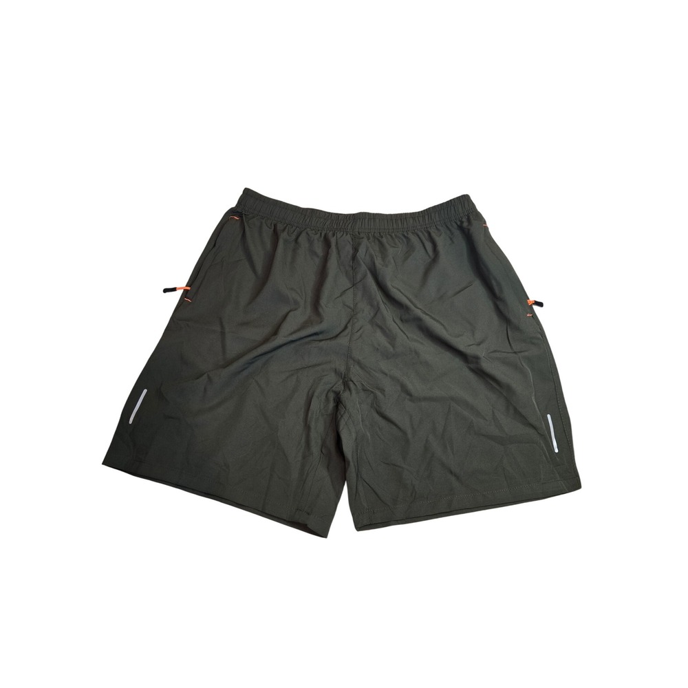Mens XL Dark Olive Green Athletic Running Shorts Zipper Pockets Reflective 7in